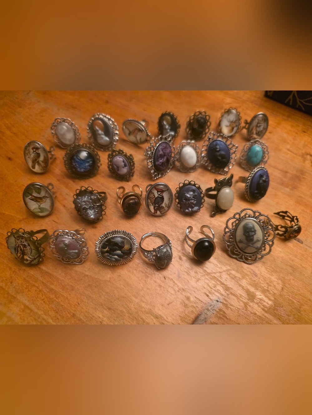 Lot Of 29 Handmade Rings Gemstones & Original Resin Designs + Glass Cabochons